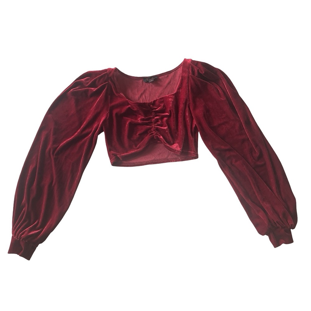 Fiestar Women's Size S Crushed Velvet Red Crop‎ Top Long Sleeve Ruched